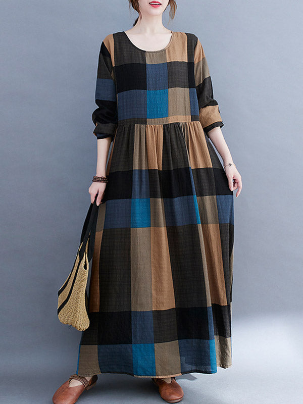 Vintage Ramie Cotton Long Sleeves A-Line Maxi Dresses