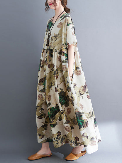 Original Artistic Retro Loose Pleated Floral Printed Midi Dress
