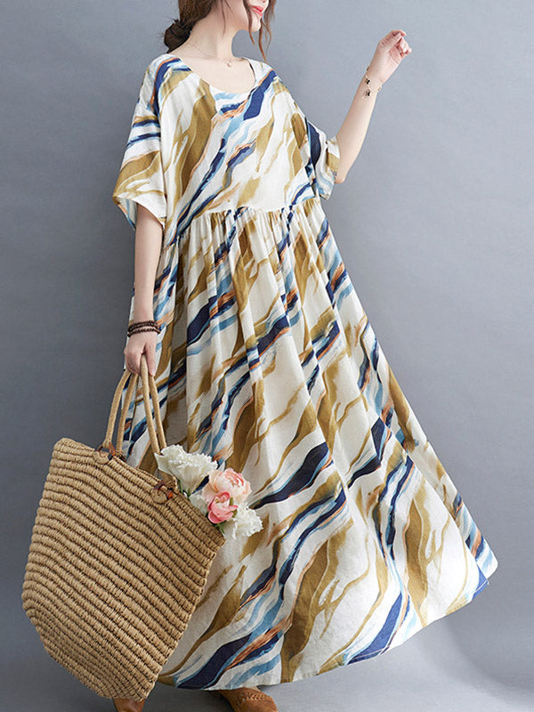 Vintage Loose Printed Split-Joint Pleated Half Sleeves Maxi Dress