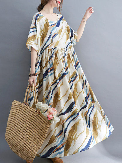 Vintage Loose Printed Split-Joint Pleated Half Sleeves Maxi Dress