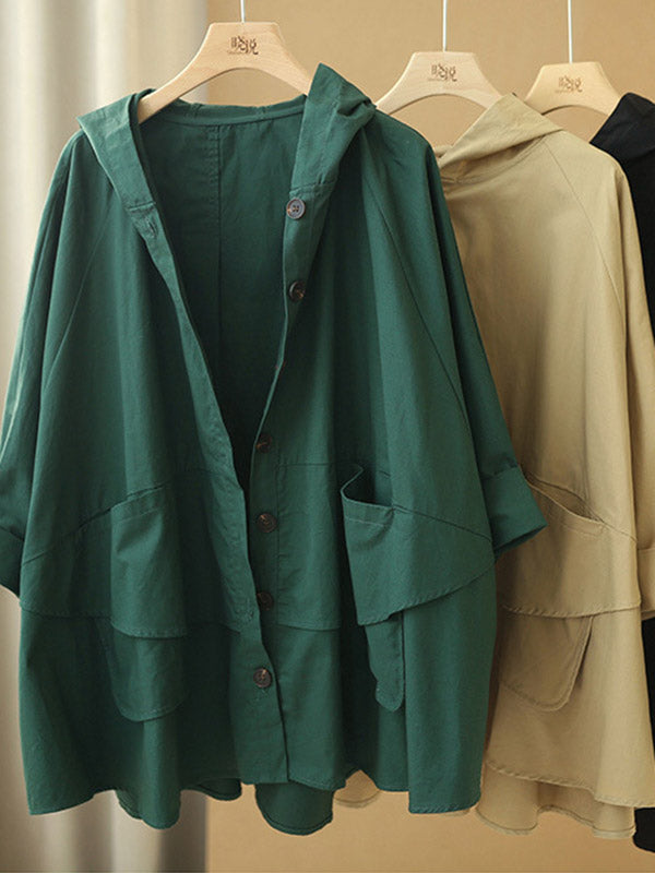 Urban Buttoned Solid Color Hooded Batwing Sleeve Loose Outerwear