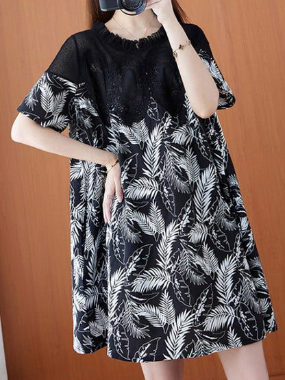 Stylish Linen Printed Split-Joint Round-Neck Lace Short Sleeves Mini Dress