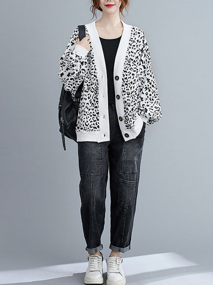 Original Leopard Buttoned V-Neck Long Sleeves Outwear