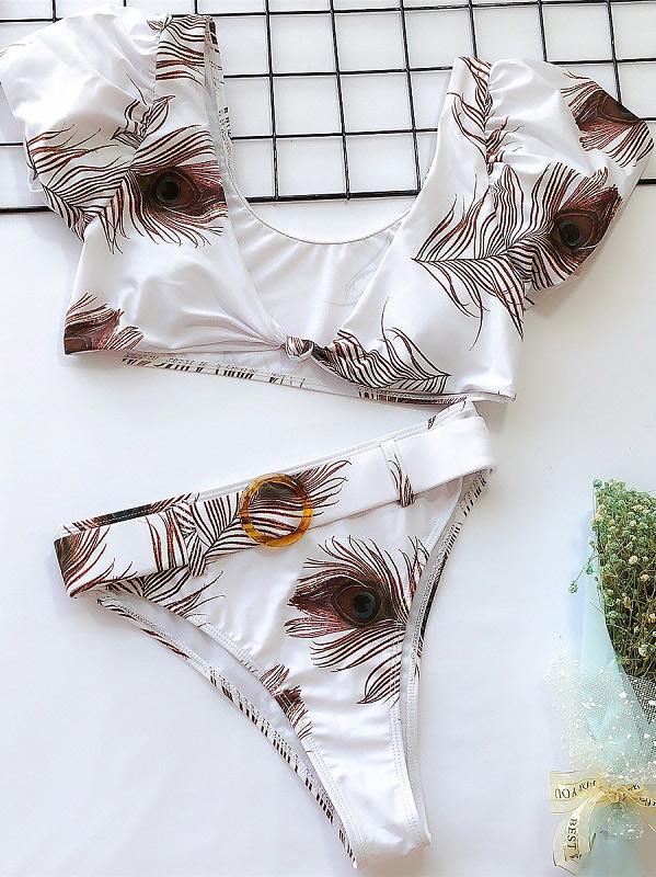 Sexy Knotted Short Sleeves Printing Sash Split Type Bikini Swimsuit