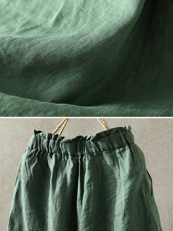 Casual Linen Solid Color Elasticity Waist Wide Leg Shorts