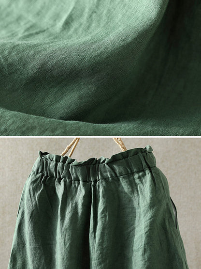 Casual Linen Solid Color Elasticity Waist Wide Leg Shorts