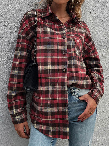 Casual Red Plaid Split-Joint With Pocket Buttoned Lapel Collar Blouse