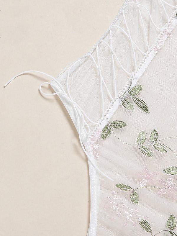 Sexy Bandage Embroidered Split-Joint Bodysuit Lingerie