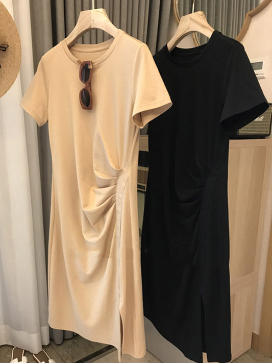 Casual Simple Solid Color Pleated Split-Side Round-Neck Short Sleeves Midi Dress