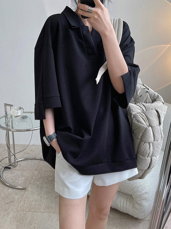 Girlish Loose Black&White V-Neck Half Sleeves T-Shirts