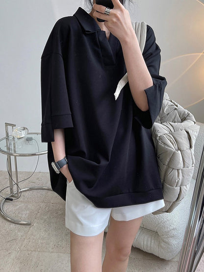 Girlish Loose Black&White V-Neck Half Sleeves T-Shirts