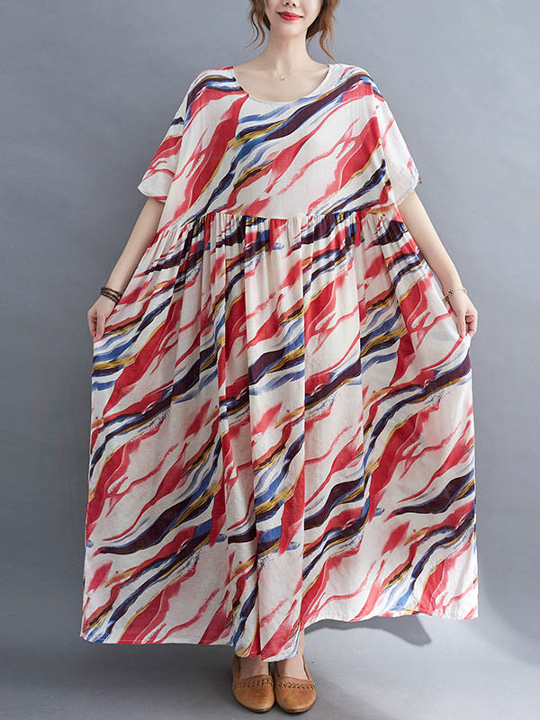 Vintage Loose Printed Split-Joint Pleated Half Sleeves Maxi Dress