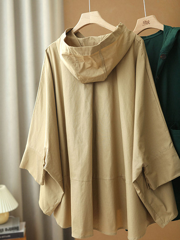Urban Buttoned Solid Color Hooded Batwing Sleeve Loose Outerwear