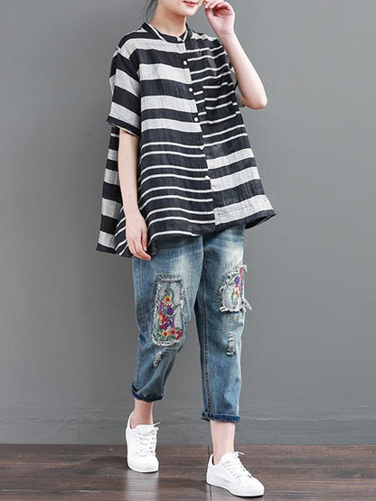 Vintage Loose Striped Stand Collar Shirt