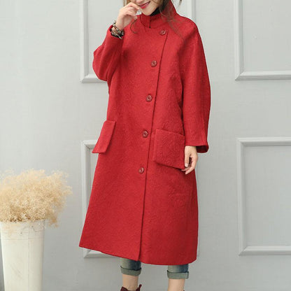 Autumn Winter Loose Single Breasted Red Long Coat