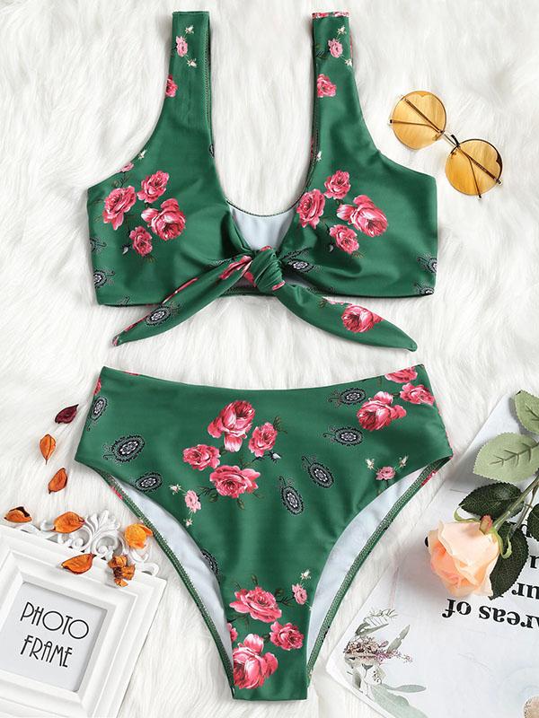 Knotting High Waist Printed Bikinis Swimwear