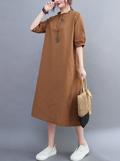 Simple Casual Artistic Retro Loose Solid Color Falbala Ramie Cotton Midi Dress