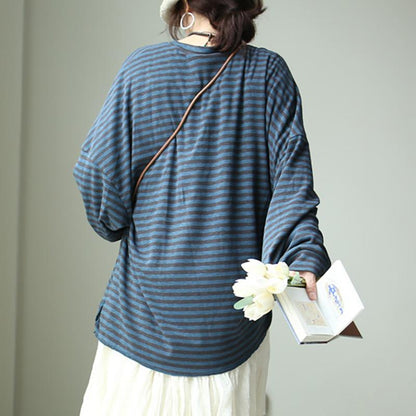 Buykud Retro Classic Stripe Batwing Sleeve Loose Shirt