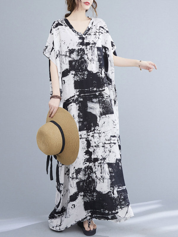 Original Ink-Printing V-Neck H-Line Maxi Dress