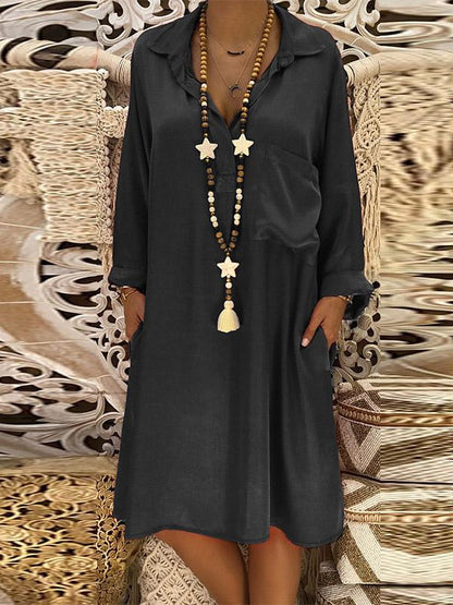 Loose V-neck Pocket Long Sleeves Midi Dress