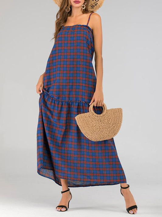 Vacation Plaid Spaghetti-neck Maxi Dresses