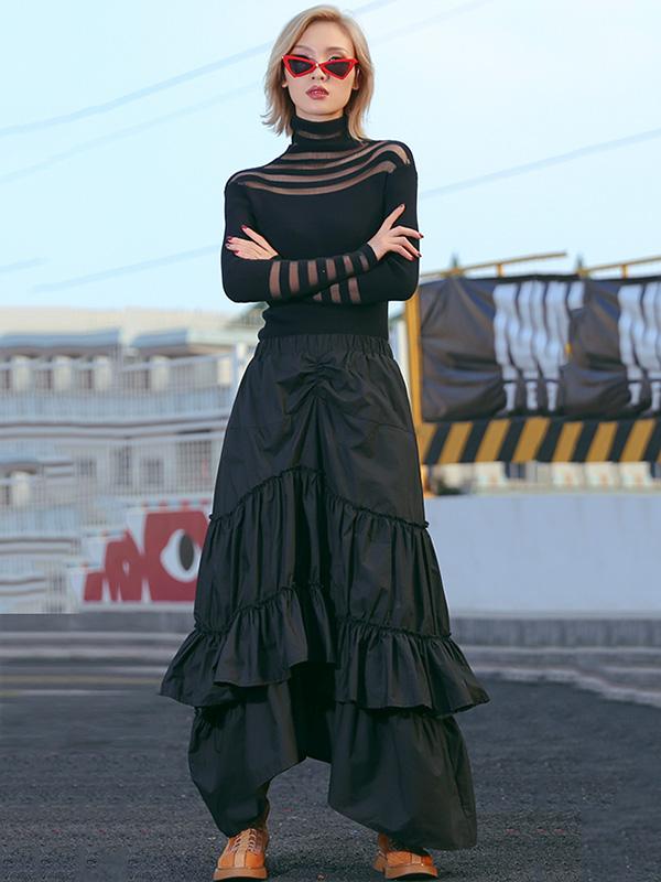 Loose Black Cropped Mermaid Tiered/Layeres Skirt