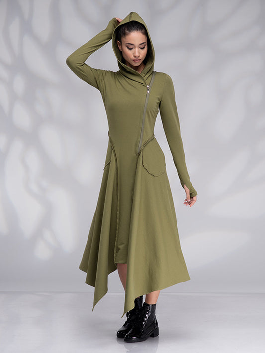 Original Solid Color Zipper Hooded Long Sleeves Midi Dress