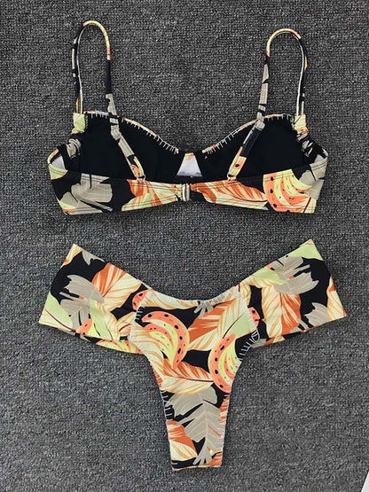 Sexy Fringed  Printing Split Type Bikini Swimsuit