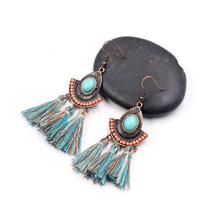 Buykud Bohemian Style Casual Turquoise Tassel Earrings