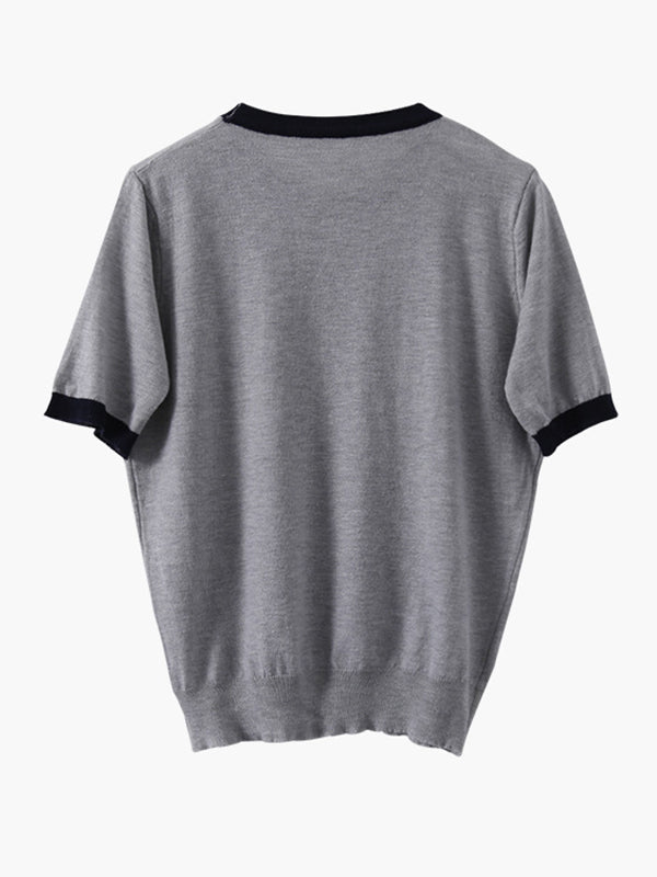 Casual Knitting Round-Neck Contrast Color T-Shirts Tops