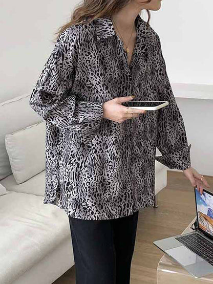 Stylish Leopard Buttoned Lapel High-Low Long Sleeves Blouse Tops