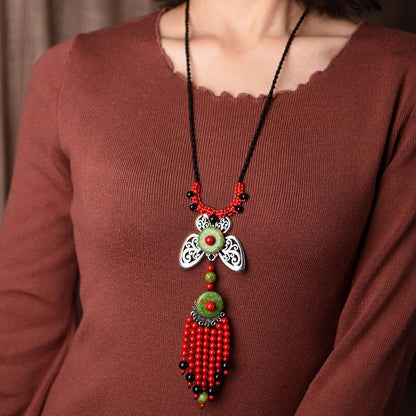 Exaggerated Style Red Butterfly Tassel Long Necklace