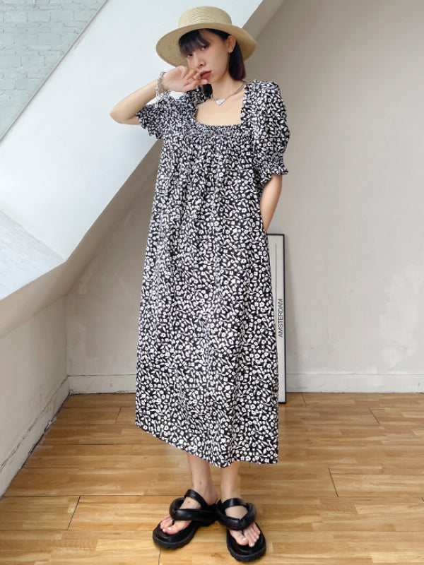 Fashion Floral Printed Square-Neck Puff Sleeves A-Line Midi Dress