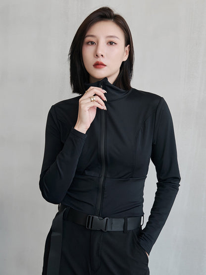 Sports Solid Color Zipper Stand Collar Long Sleeves Outwear