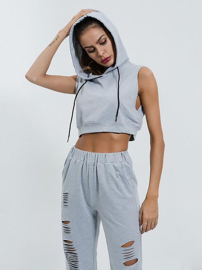 Solid Sleeveless Crop Hoodies & Jackets Tops