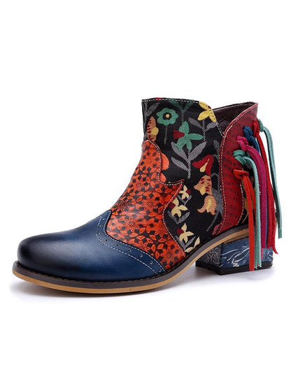 Printed Split-joint Tassels Zipper Booties
