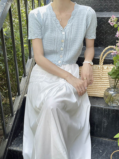 Original Solid Color V-Neck Knitting Cardigans Tops