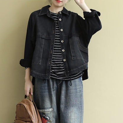 Buykud Casual Turn-down Collar Embroidered Letters Denim Coat