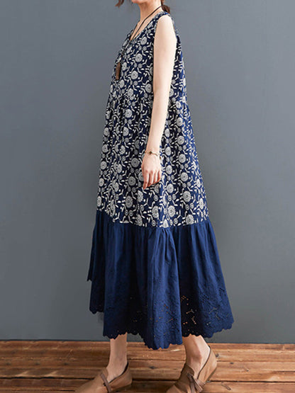Loose Ramie Cotton National Printed Split-Joint Hollow Pleated Round-Neck Sleeveless Midi Dress