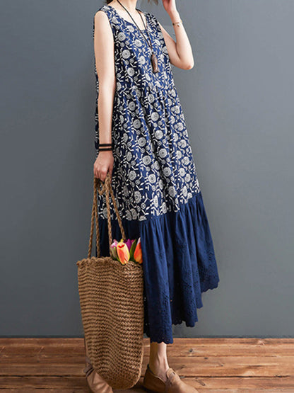 Loose Ramie Cotton National Printed Split-Joint Hollow Pleated Round-Neck Sleeveless Midi Dress