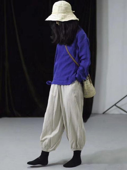 Vintage Linen Solid Lace-up Long Sleeves T-shirt