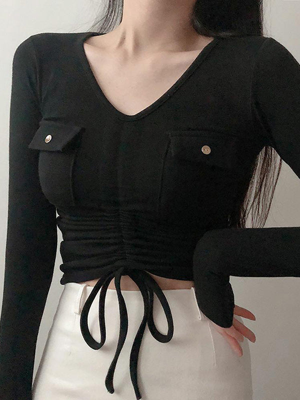 Drawstring  Pockets Long Sleeves Drawstring  Tees