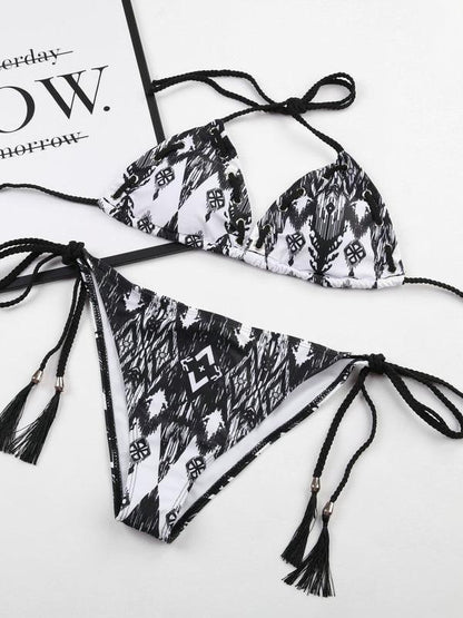 Tie Printed Lace-up Bikini Set