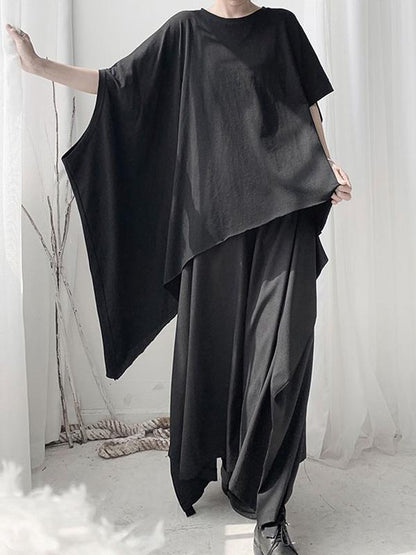 Black Loose Cropped Asymmetric T-shirt Tops