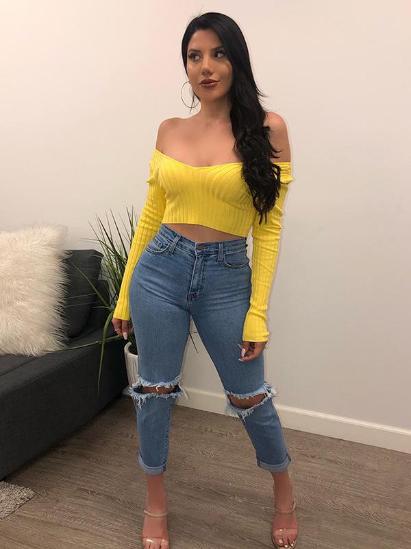 Solid Bare Midriff Off-the-shoulder Tee