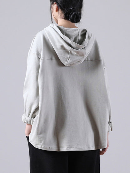 Casual Solid Color Buttoned Batwing Sleeve Hoodies