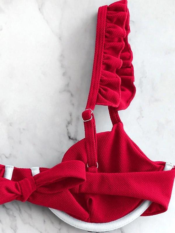 Solid Color Ruffled Split Bikini Swimsuit