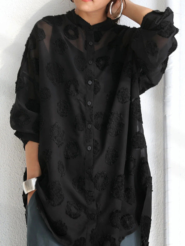 Stylish Buttoned Stand Collar Long Sleeves Blouse Tops