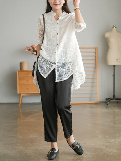 Artistic Retro Solid Color Lace Embroidered Buttoned Lapel Collar Blouse