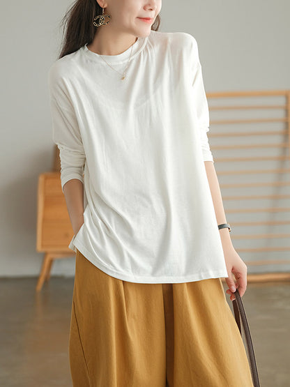 Casual Simple Solid Color Loose Round-Neck Long Sleeves T-Shirt